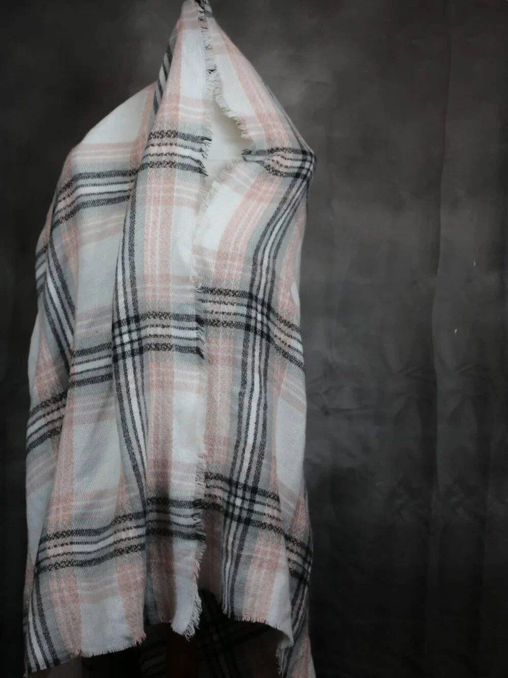 NWOT LOFT Plaid Fringe Blanket Scarf in Soft Pink and Gray